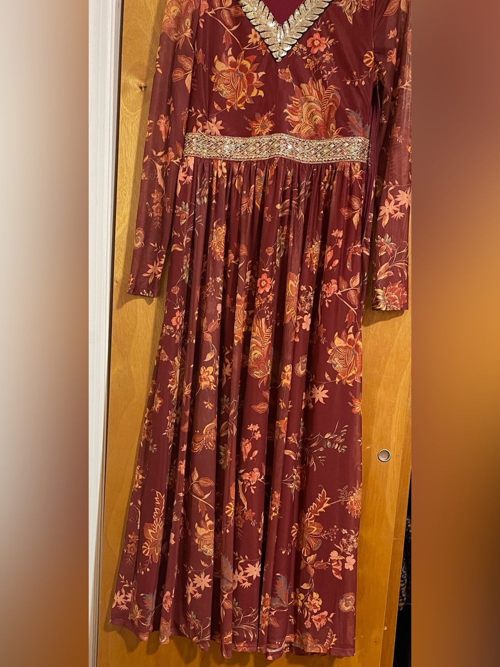 Floral Embellished Maxi Dress in maroon & Gold Like New